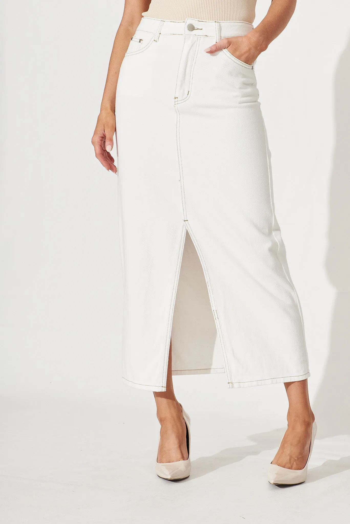Lattice Maxi Denim Skirt In White sold by St Frock