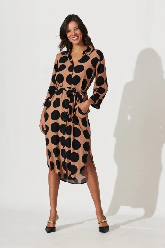 Tonya Midi Shirt Dress In Brown With Black Spot Print sold by St Frock