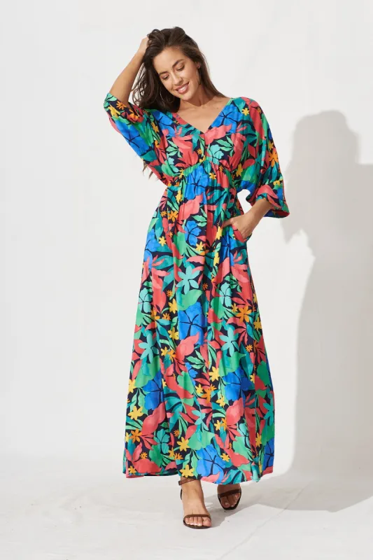 Kristyn Kimono Maxi Dress In Black With Tropical Multi Leaf sold by St Frock