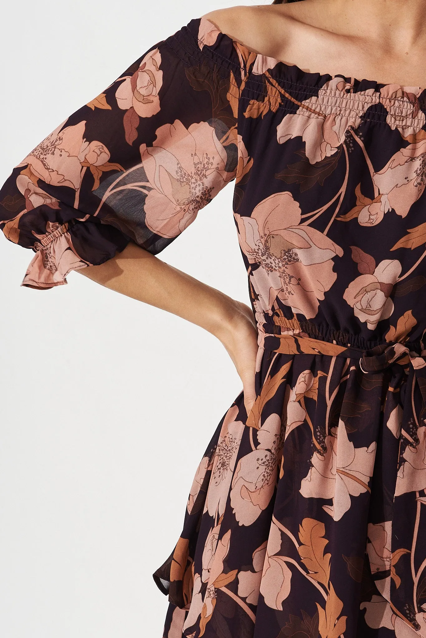 Amorety Dress In Navy Blush Floral Chiffon sold by St Frock product image thumbnail 5