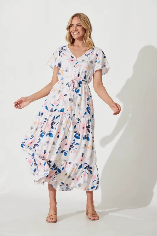 Yara Maxi Dress In White With Pink Watercolour Floral sold by St Frock