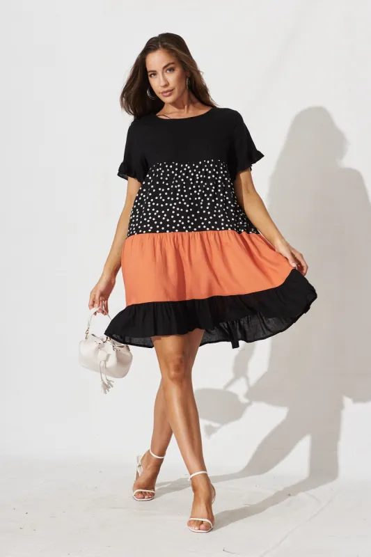 Krystin Smock Dress In Black And Rust Multi Linen Blend sold by St Frock