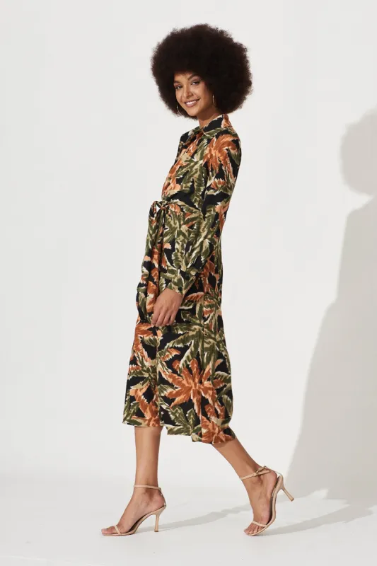 Halsey Midi Shirt Dress In Black With Khaki Leaf Print sold by St Frock