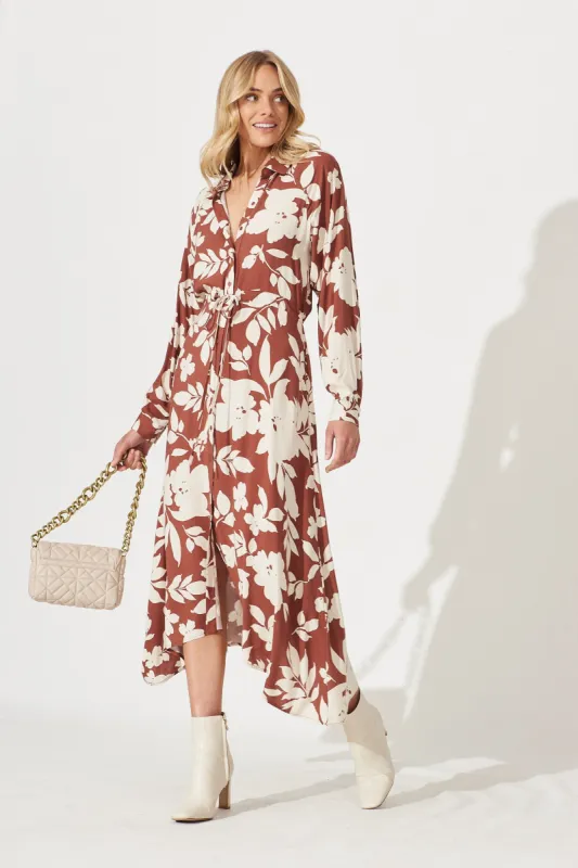 Neroli Midi Shirt Dress In Rust Leaf Print sold by St Frock