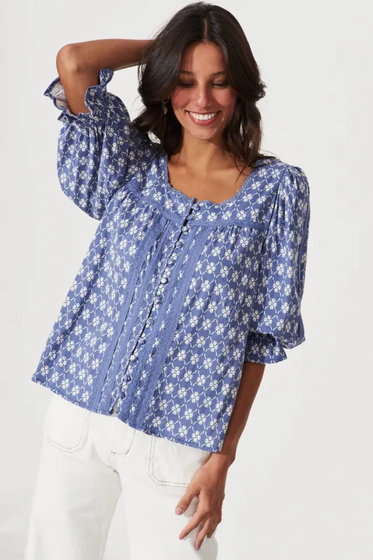 Moonflower Top In Blue With White Print sold by St Frock