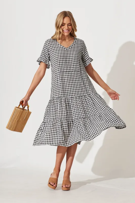 Louisa Midi Smock Dress In Black And White Gingham Cotton Blend sold by St Frock