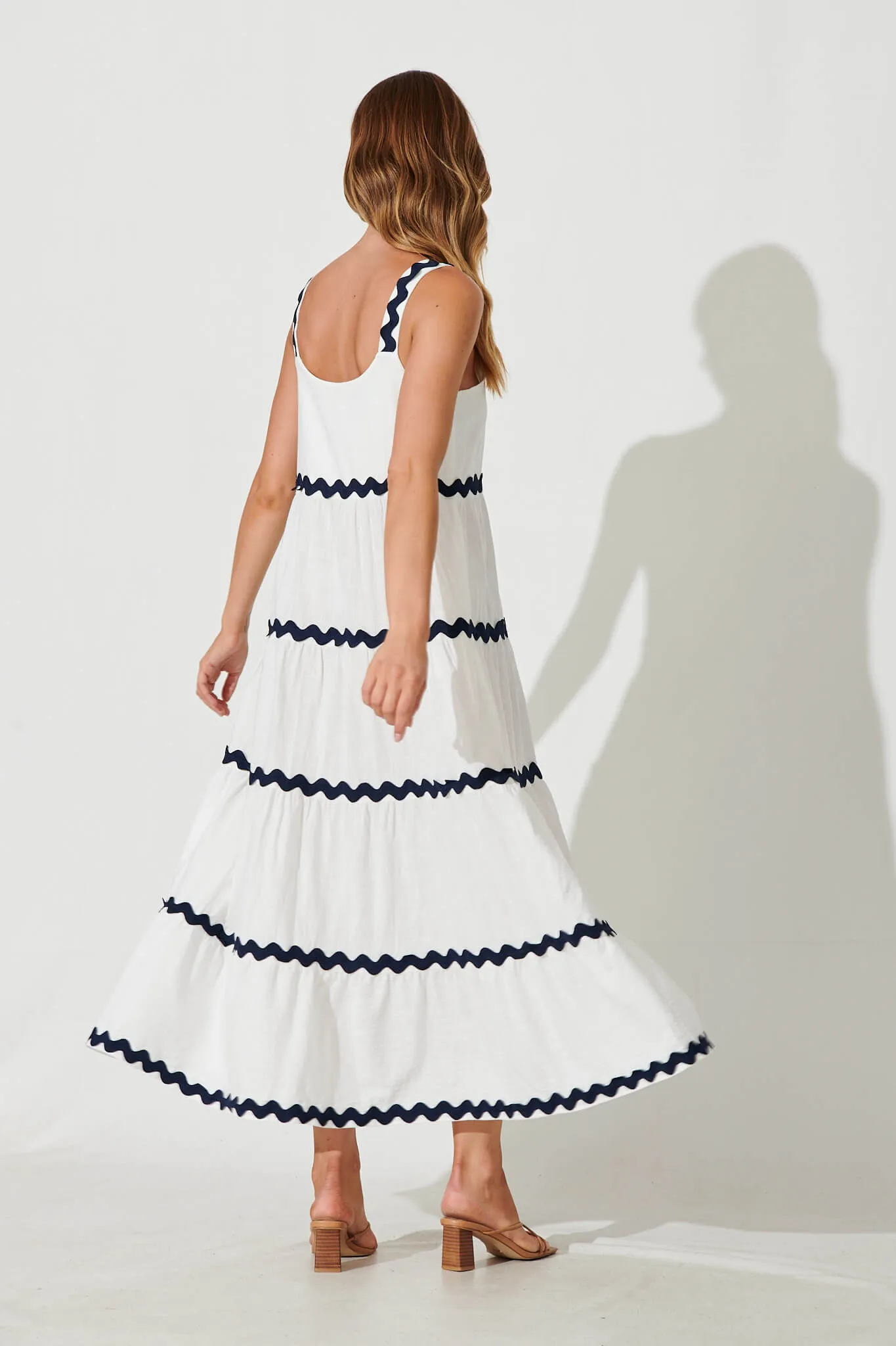 Chantal Maxi Dress In White With Navy Ric Rac Trim Cotton sold by St Frock product image thumbnail 2