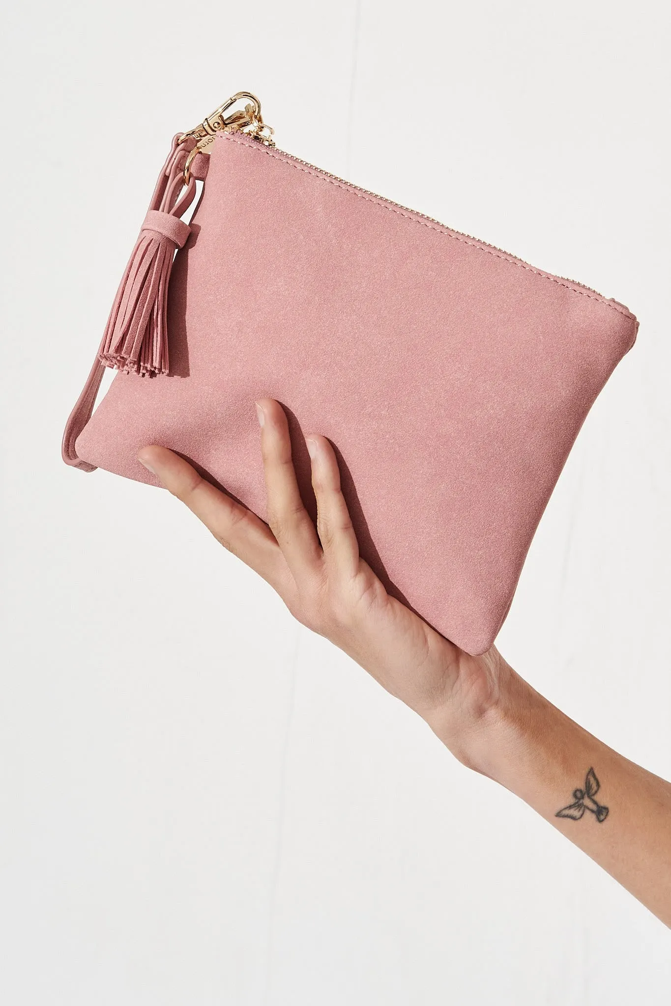 august + delilah Mauvery Clutch in Pink Suedette sold by St Frock