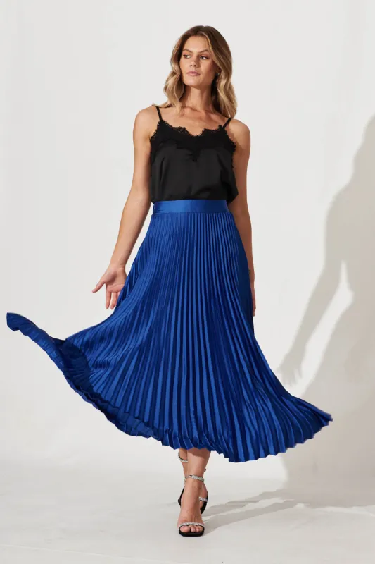 Allison Midi Pleat Skirt In Cobalt Blue Satin sold by St Frock