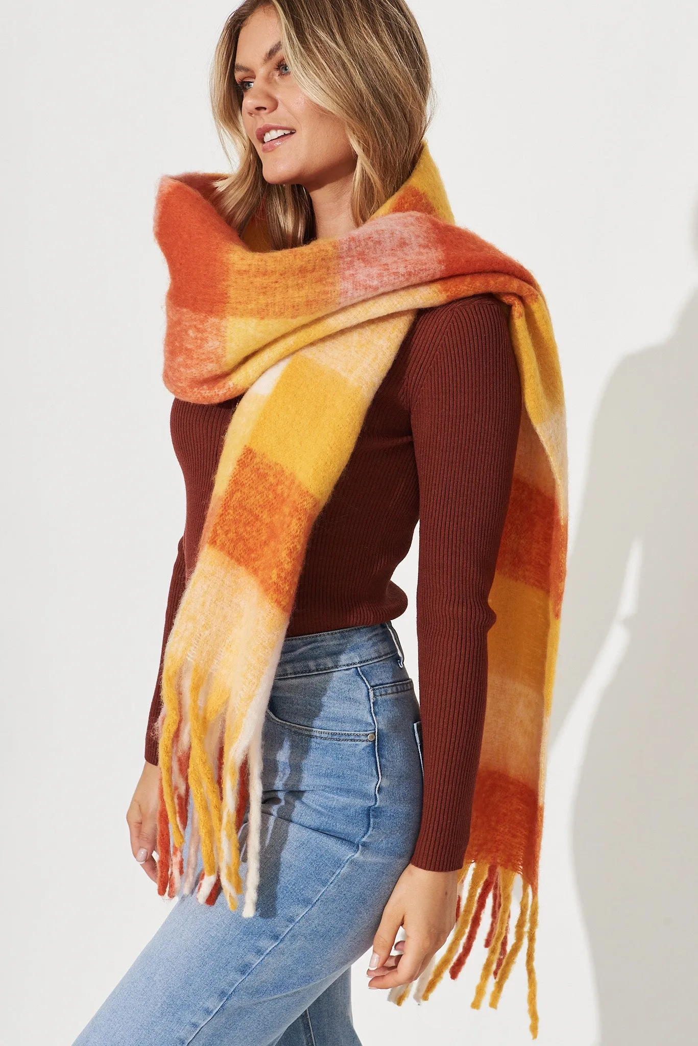 August + Delilah Brooklyn Knit Scarf In Multi Tangerine Check sold by St Frock product image thumbnail 4