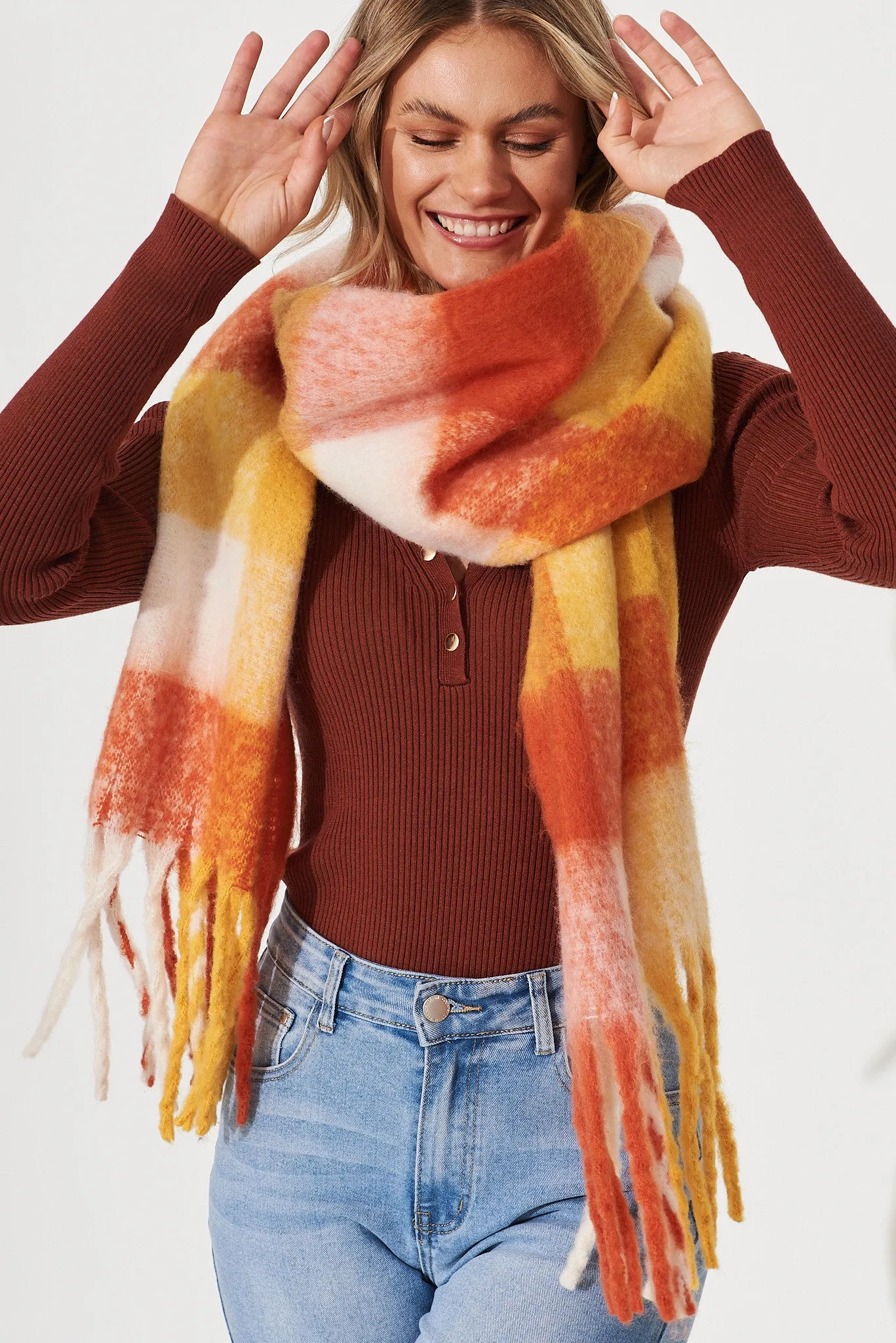 August + Delilah Brooklyn Knit Scarf In Multi Tangerine Check sold by St Frock product image thumbnail 3
