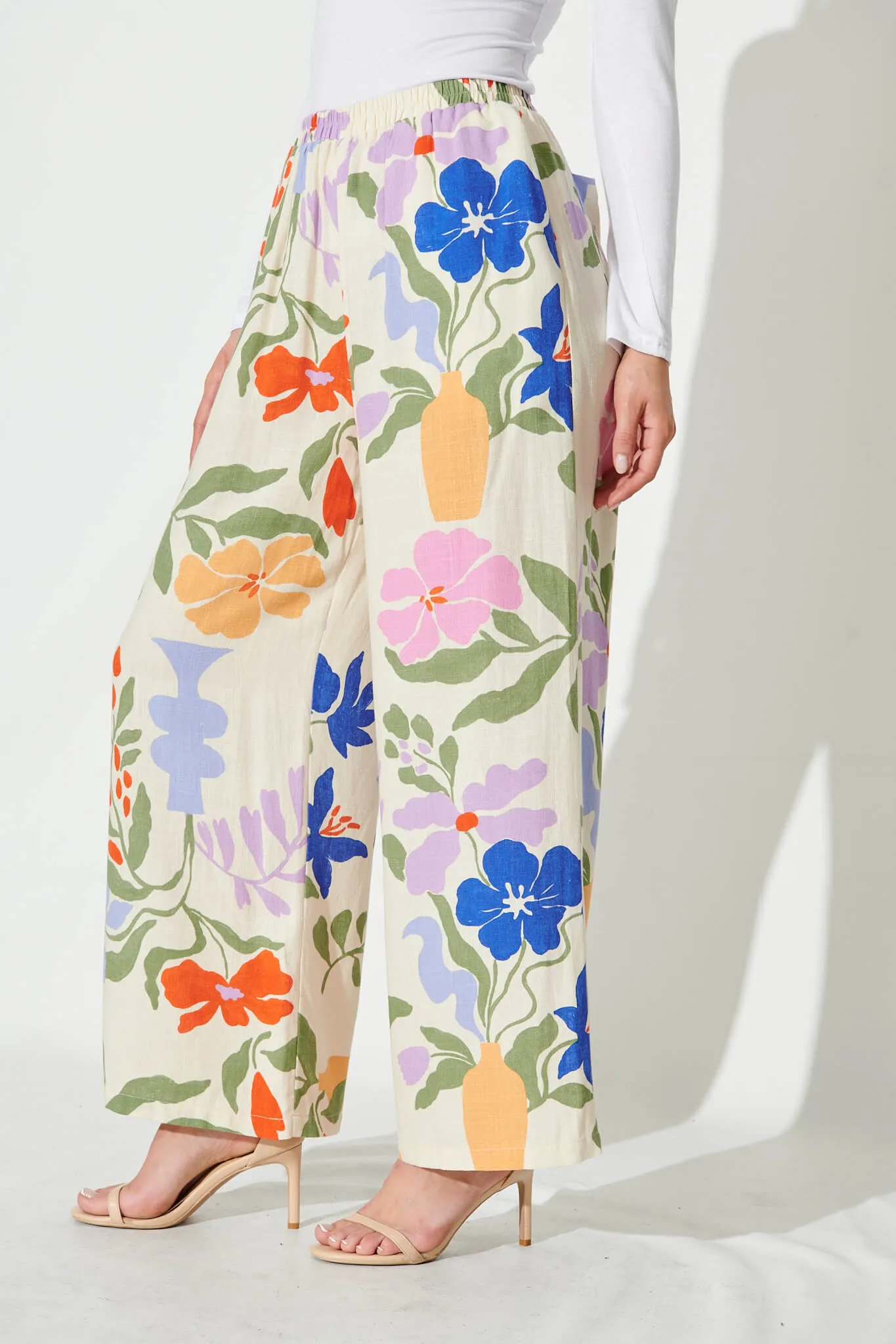 June Wide Leg Pants In Beige With Multi Floral Linen Blend sold by St Frock product image thumbnail 2