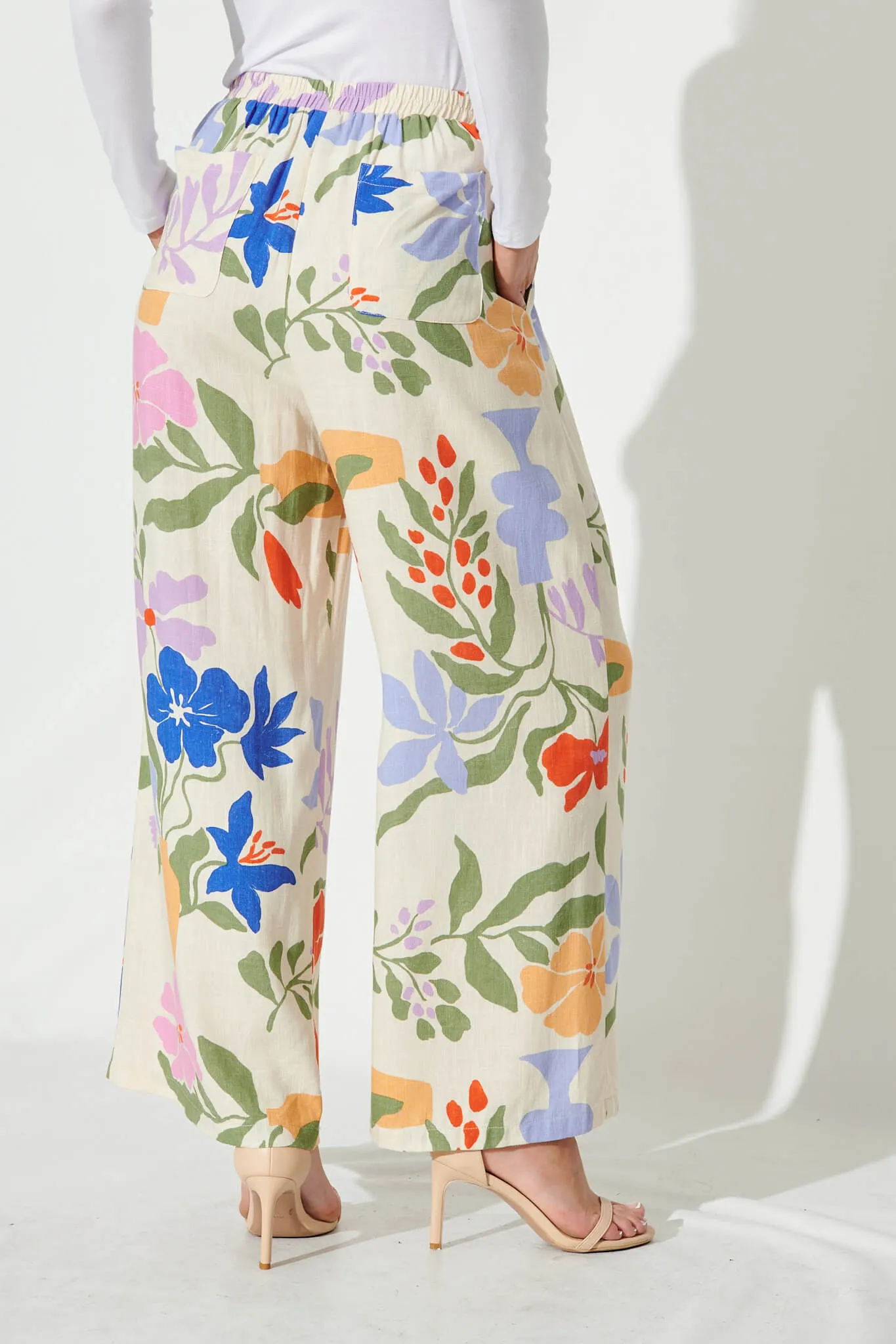 June Wide Leg Pants In Beige With Multi Floral Linen Blend sold by St Frock product image thumbnail 3