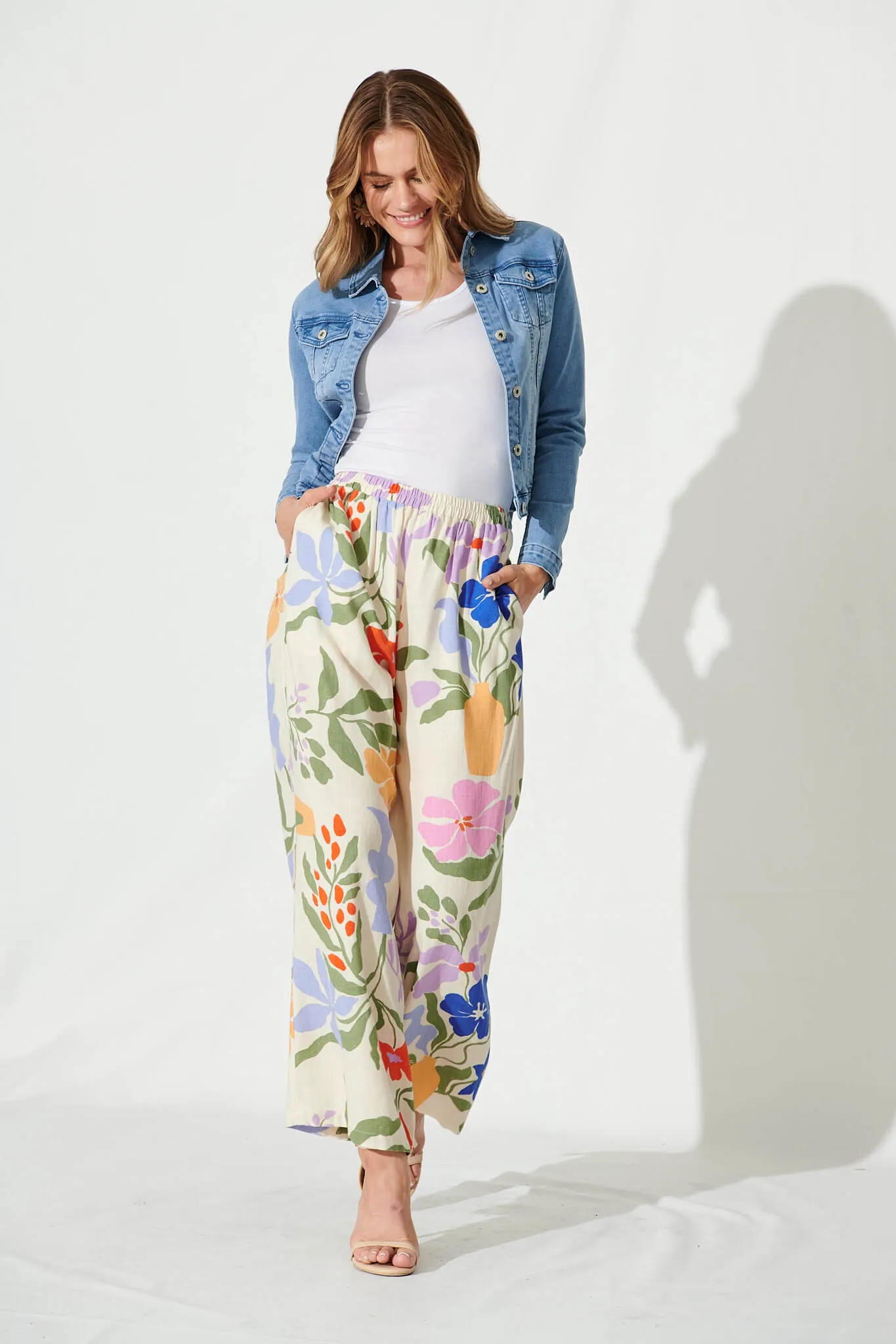 June Wide Leg Pants In Beige With Multi Floral Linen Blend sold by St Frock product image thumbnail 4