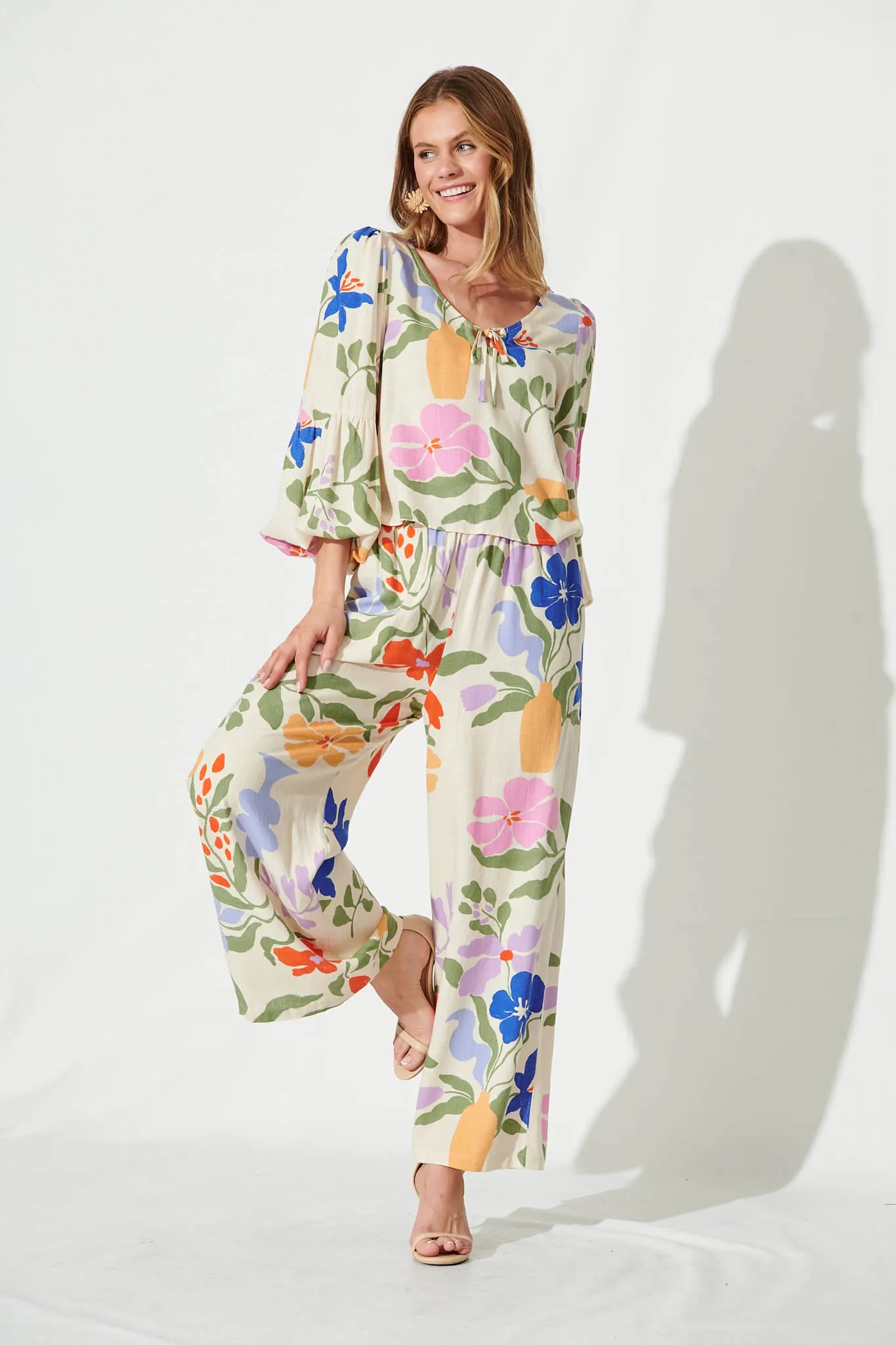 June Wide Leg Pants In Beige With Multi Floral Linen Blend sold by St Frock product image thumbnail 5