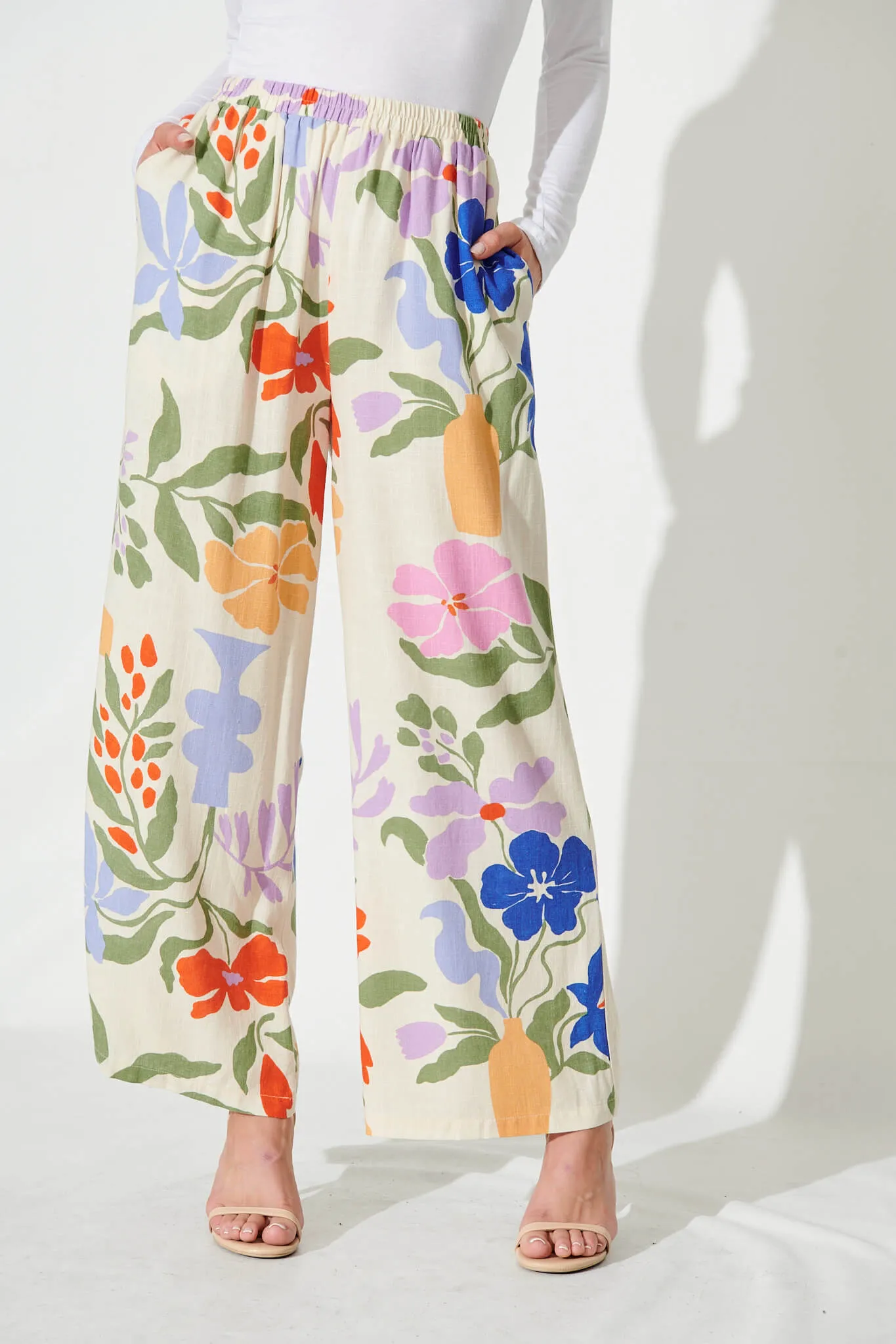 June Wide Leg Pants In Beige With Multi Floral Linen Blend sold by St Frock
