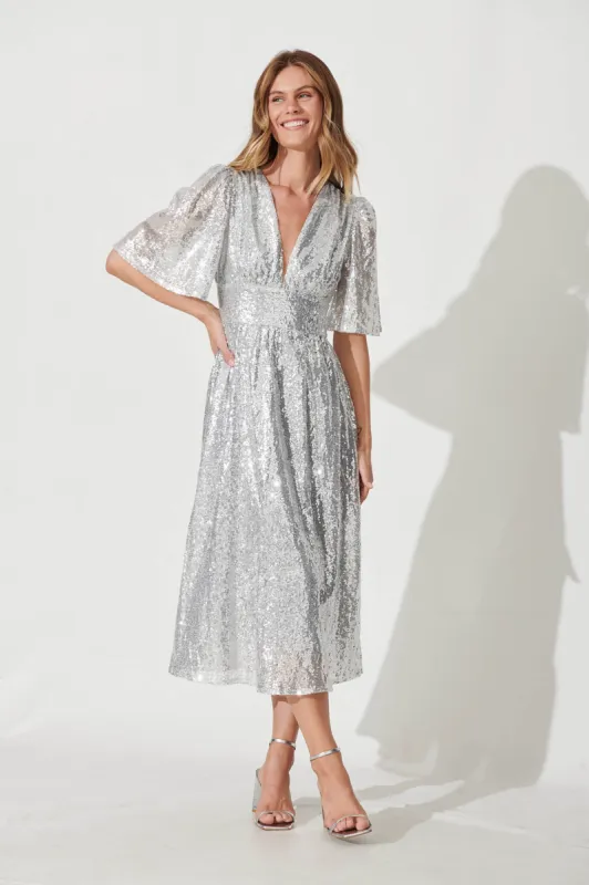 Livorno Midi Dress In Silver Sequin sold by St Frock