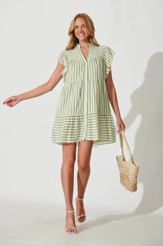 Julius Smock Dress In Green With White Stripe Cotton Linen Blend sold by St Frock