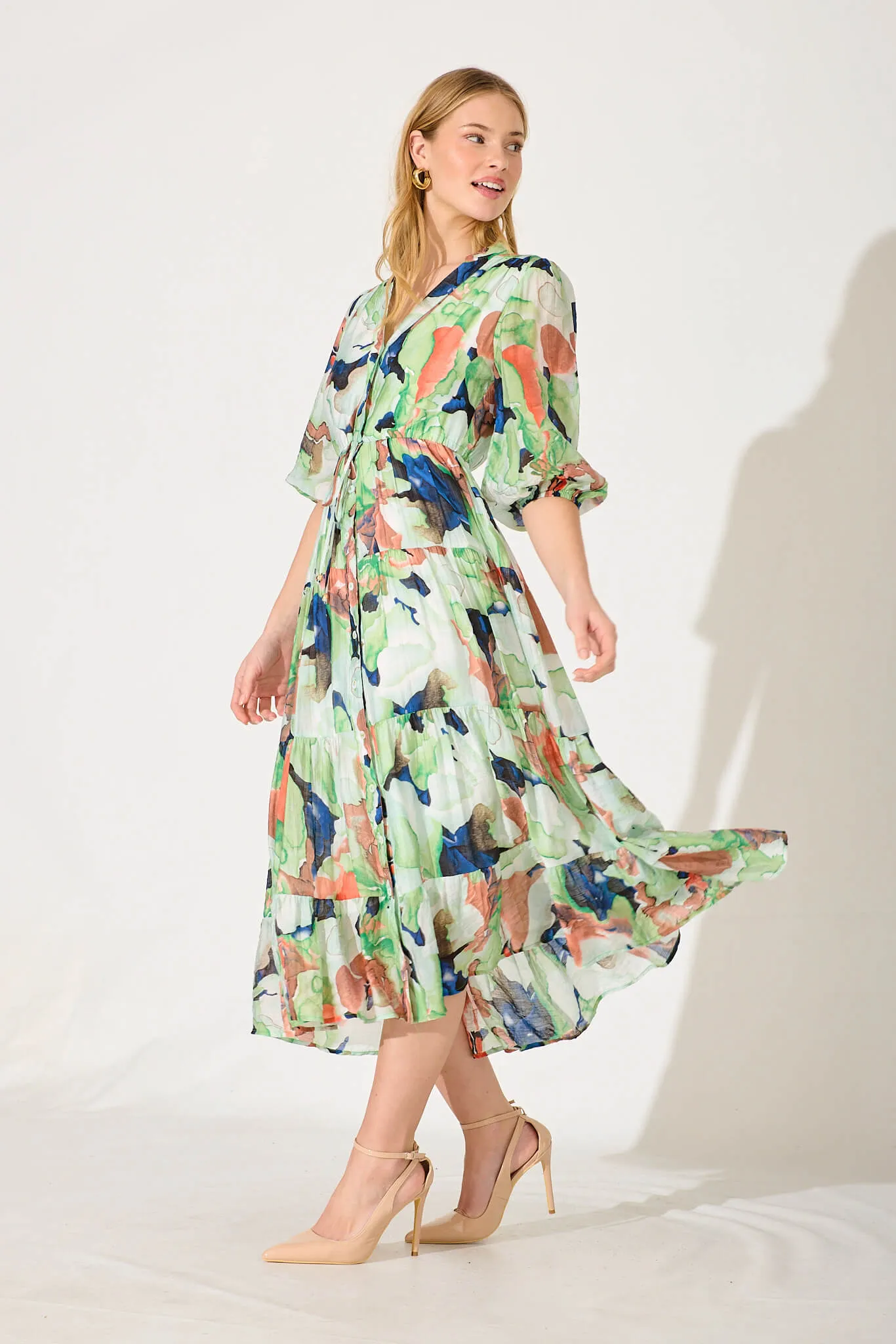 Messina Midi Dress In Green With Multi Print sold by St Frock product image thumbnail 3
