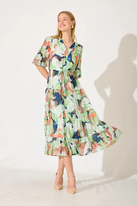 Messina Midi Dress In Green With Multi Print sold by St Frock