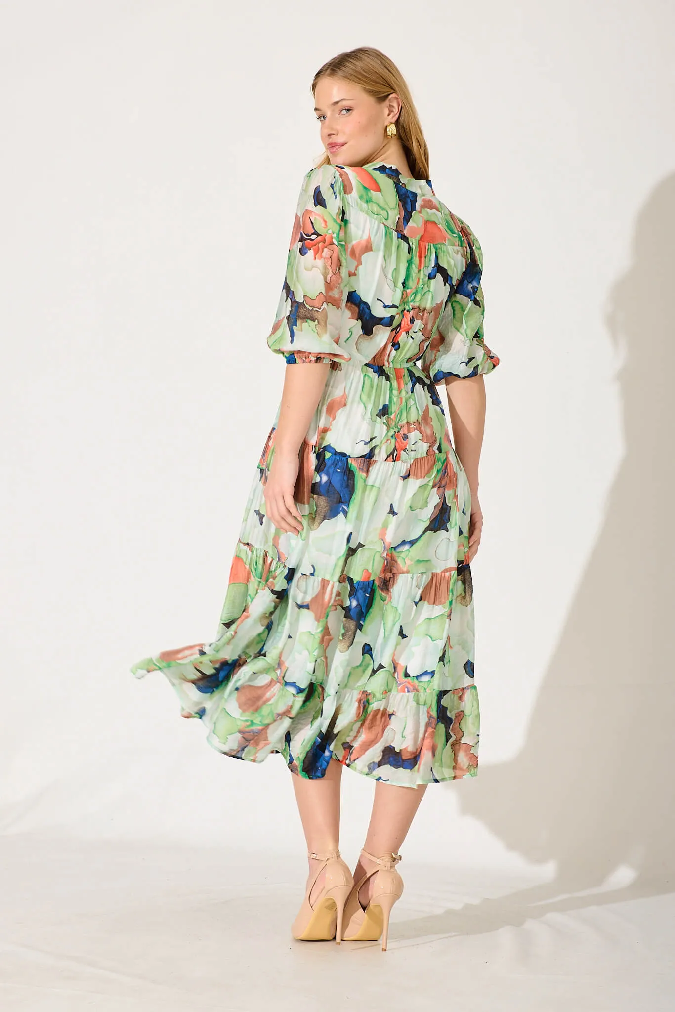 Messina Midi Dress In Green With Multi Print sold by St Frock product image thumbnail 4