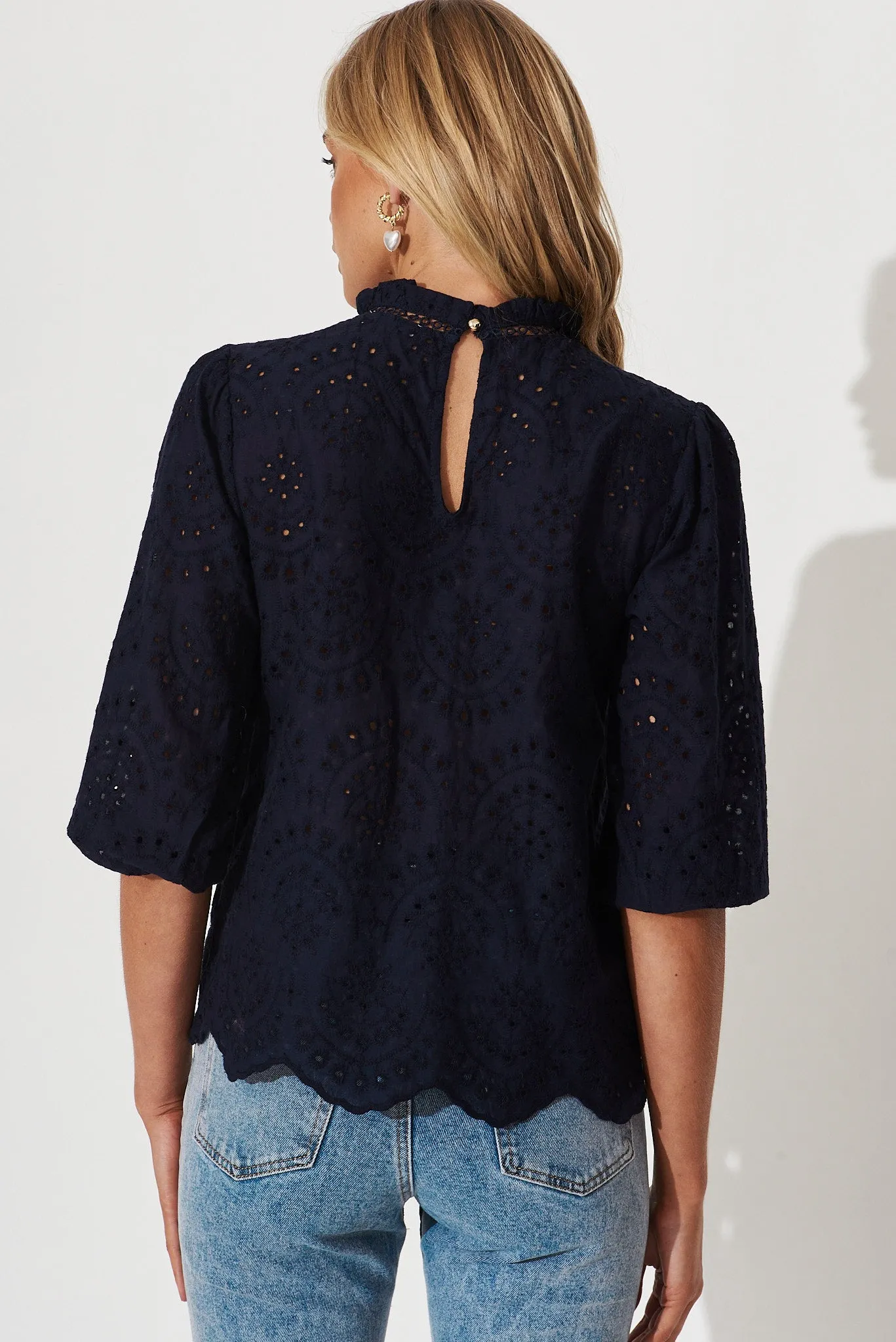Donia Top In Navy Embroidery Cotton sold by St Frock product image thumbnail 4