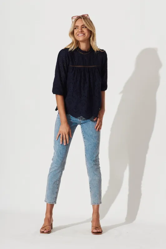 Donia Top In Navy Embroidery Cotton sold by St Frock