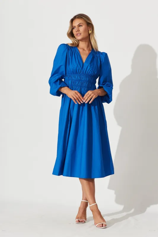 Cammeray Midi Dress In Cobalt Blue Cotton sold by St Frock