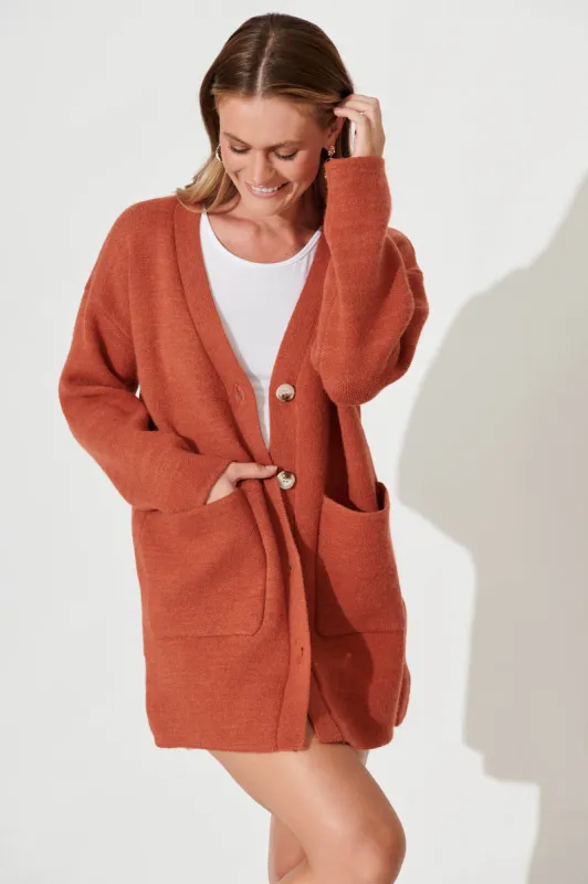 Alpine Knit Cardigan In Rust Wool Blend sold by St Frock
