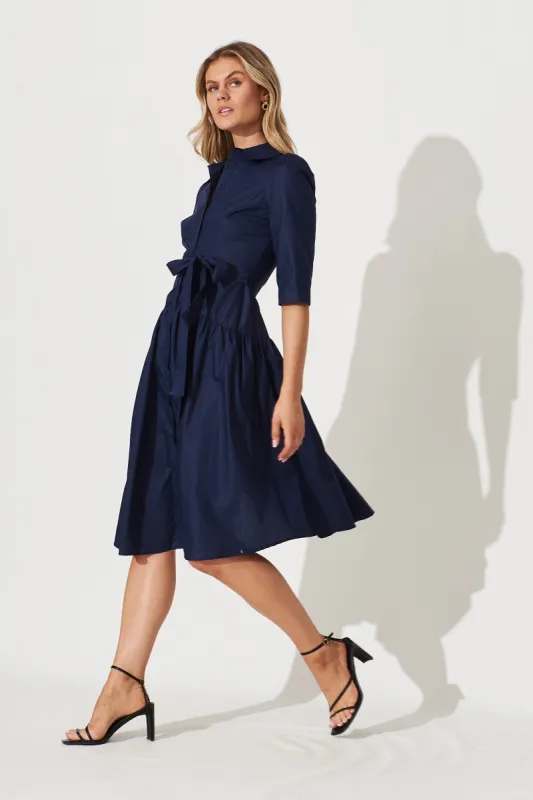 Marie Midi Shirt Dress In Navy Cotton Blend sold by St Frock