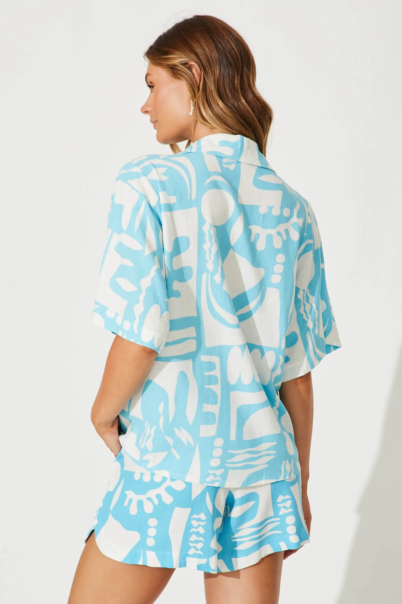 Florentio Shirt In Blue With White Print Linen Blend sold by St Frock product image thumbnail 3