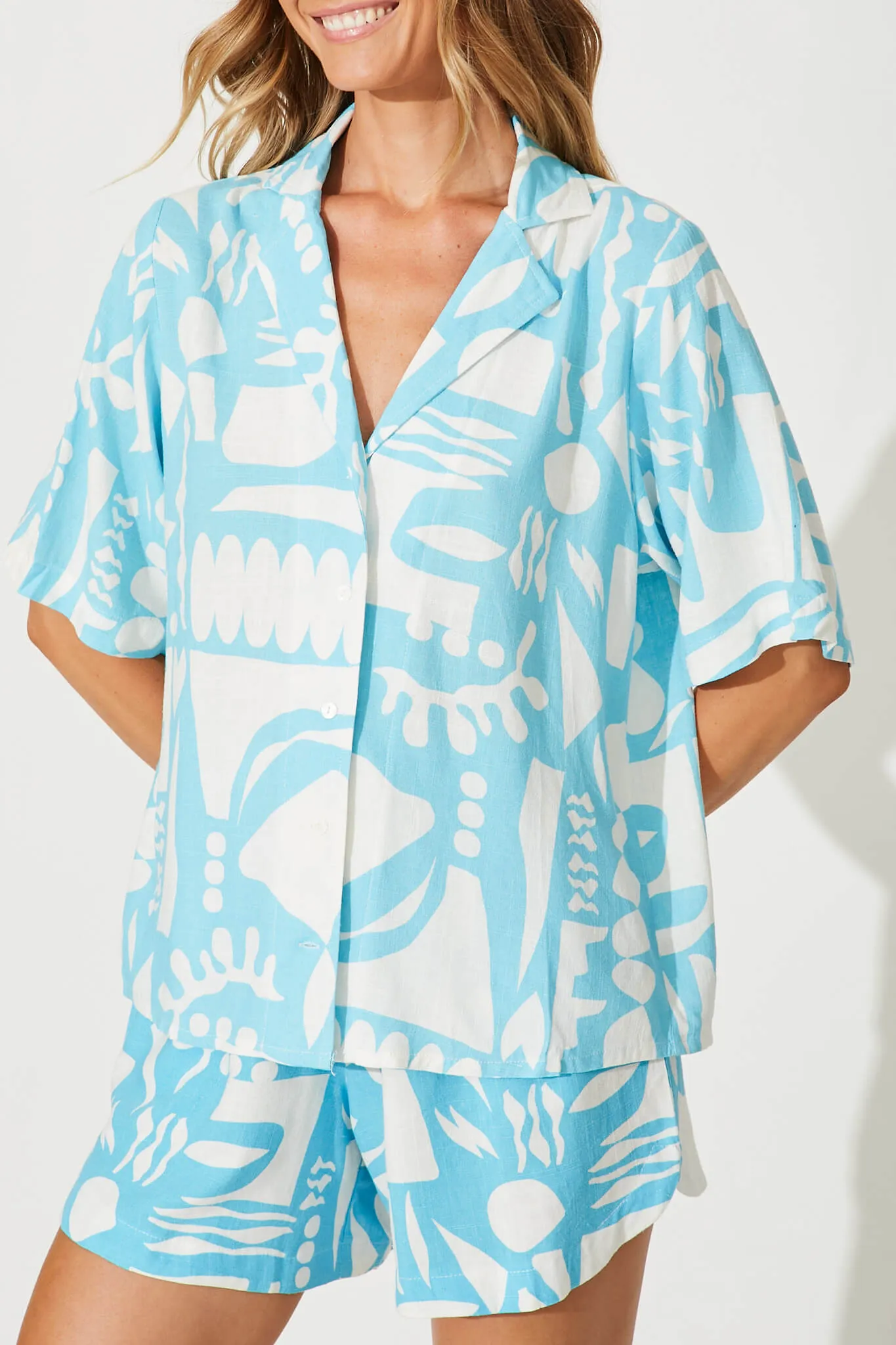 Florentio Shirt In Blue With White Print Linen Blend sold by St Frock product image thumbnail 5