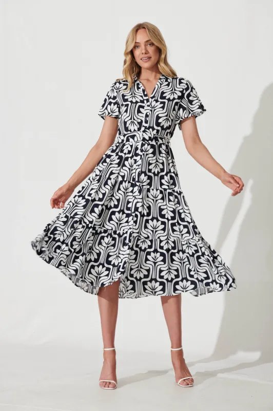 Hill Midi Shirt Dress In Navy With White Print sold by St Frock