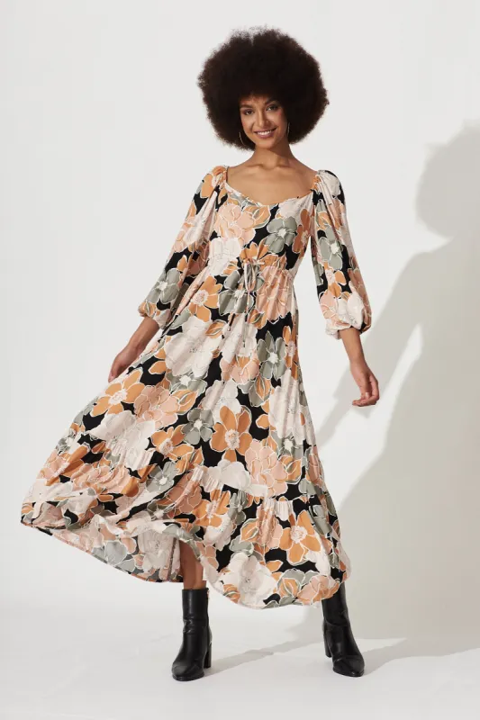 Antiquity Maxi Dress In Rust With Khaki Floral sold by St Frock