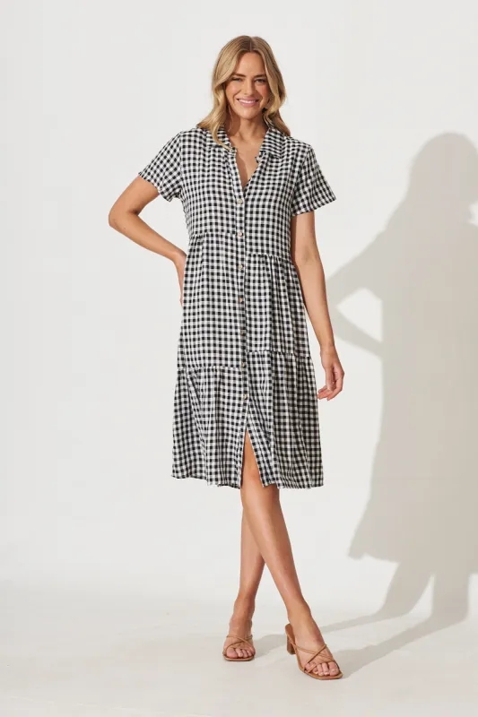 Lina Midi Shirt Dress In Black And White Gingham Cotton Blend sold by St Frock