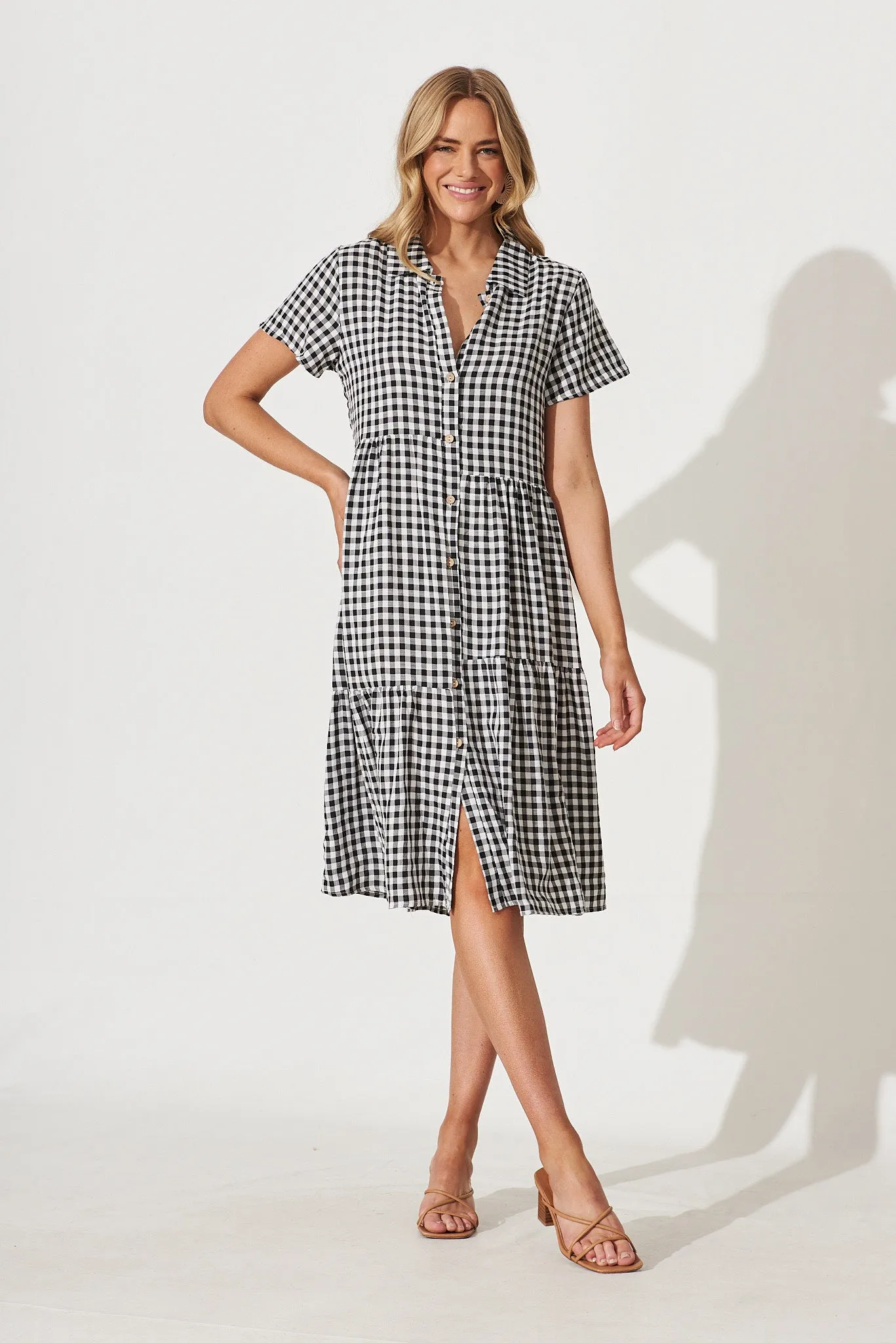 Lina Midi Shirt Dress In Black And White Gingham Cotton Blend sold by St Frock