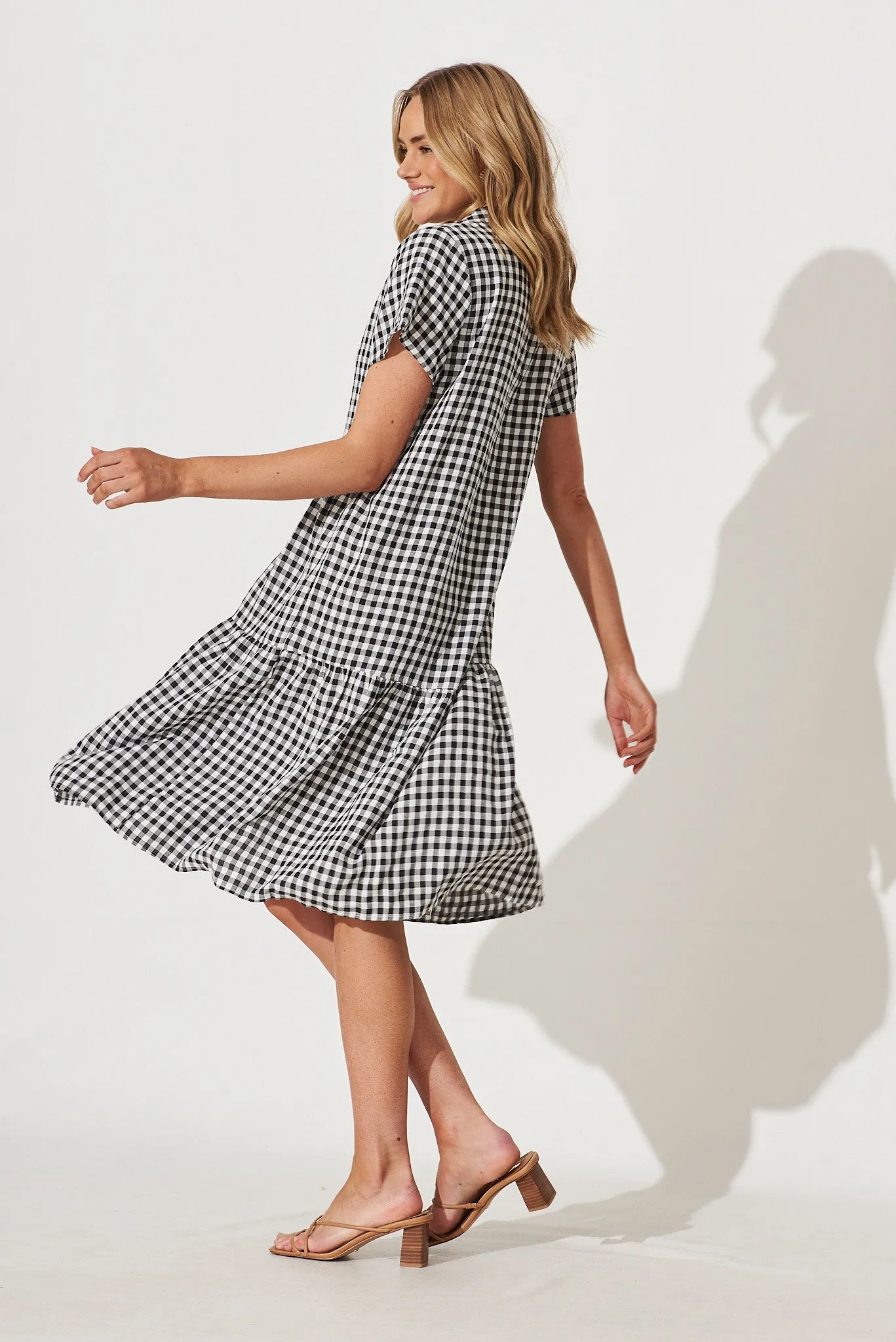 Lina Midi Shirt Dress In Black And White Gingham Cotton Blend sold by St Frock product image thumbnail 3