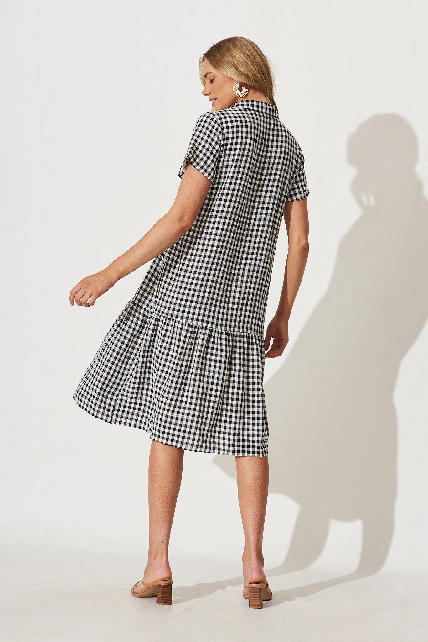 Lina Midi Shirt Dress In Black And White Gingham Cotton Blend sold by St Frock product image thumbnail 4