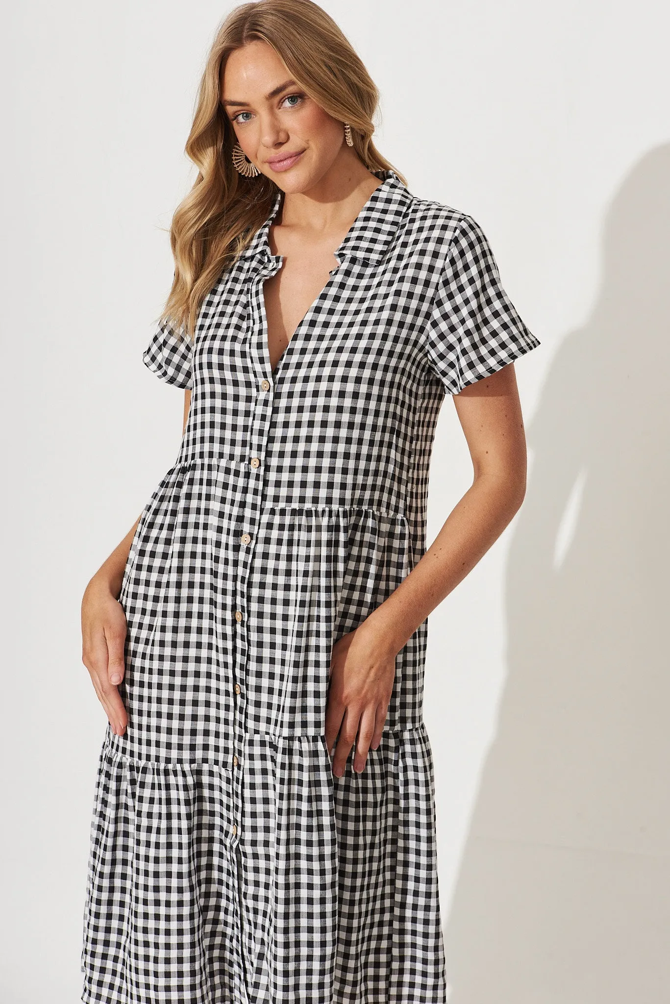 Lina Midi Shirt Dress In Black And White Gingham Cotton Blend sold by St Frock product image thumbnail 2