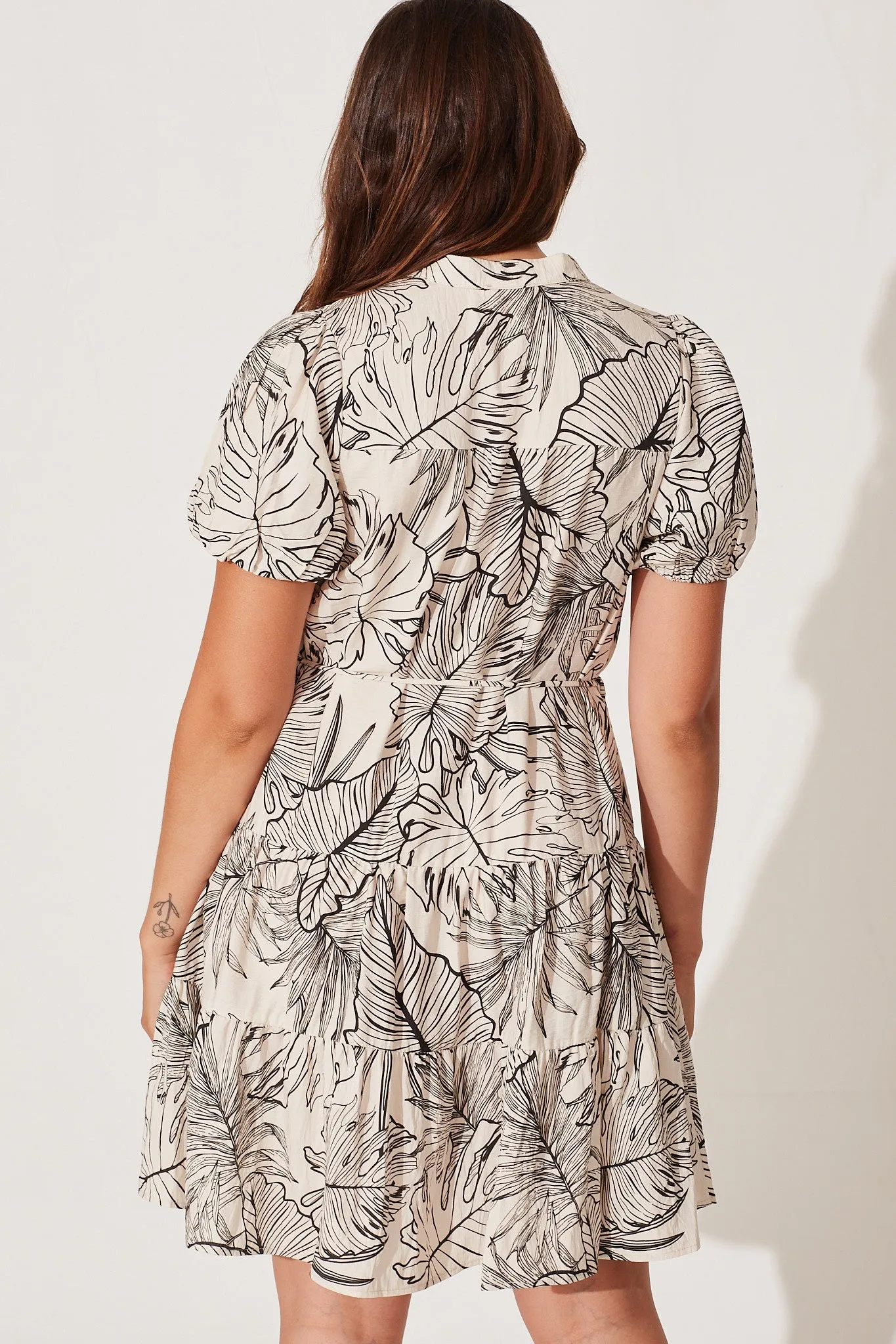 Jacqueline Shirt Dress In Cream With Black Leaf Print Cotton Blend sold by St Frock product image thumbnail 4