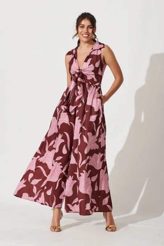 Daiquiri Jumpsuit In Burgundy With Pink Floral sold by St Frock