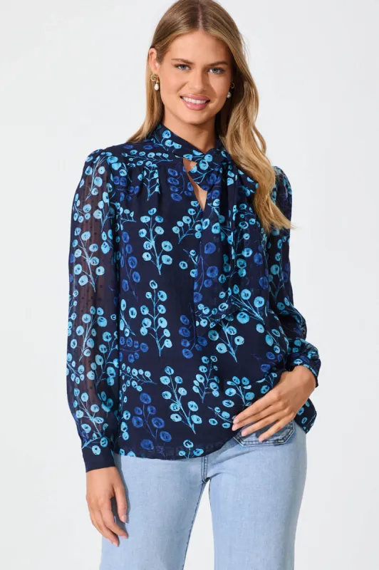 Wanda Top In Navy Print Chiffon sold by St Frock