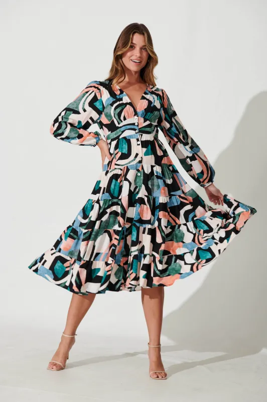 Modical Midi Dress In Black With Multi Swirl Print sold by St Frock