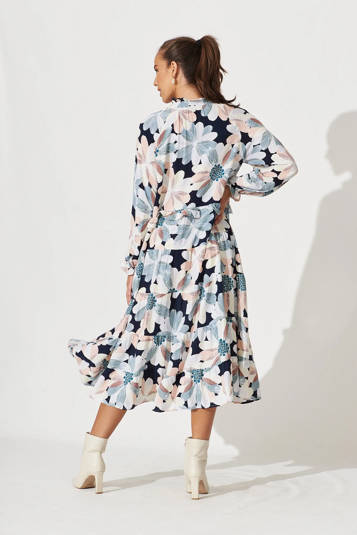 Mapleton Midi Smock Dress In Navy With Brown Floral sold by St Frock product image thumbnail 4
