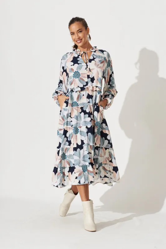Mapleton Midi Smock Dress In Navy With Brown Floral sold by St Frock