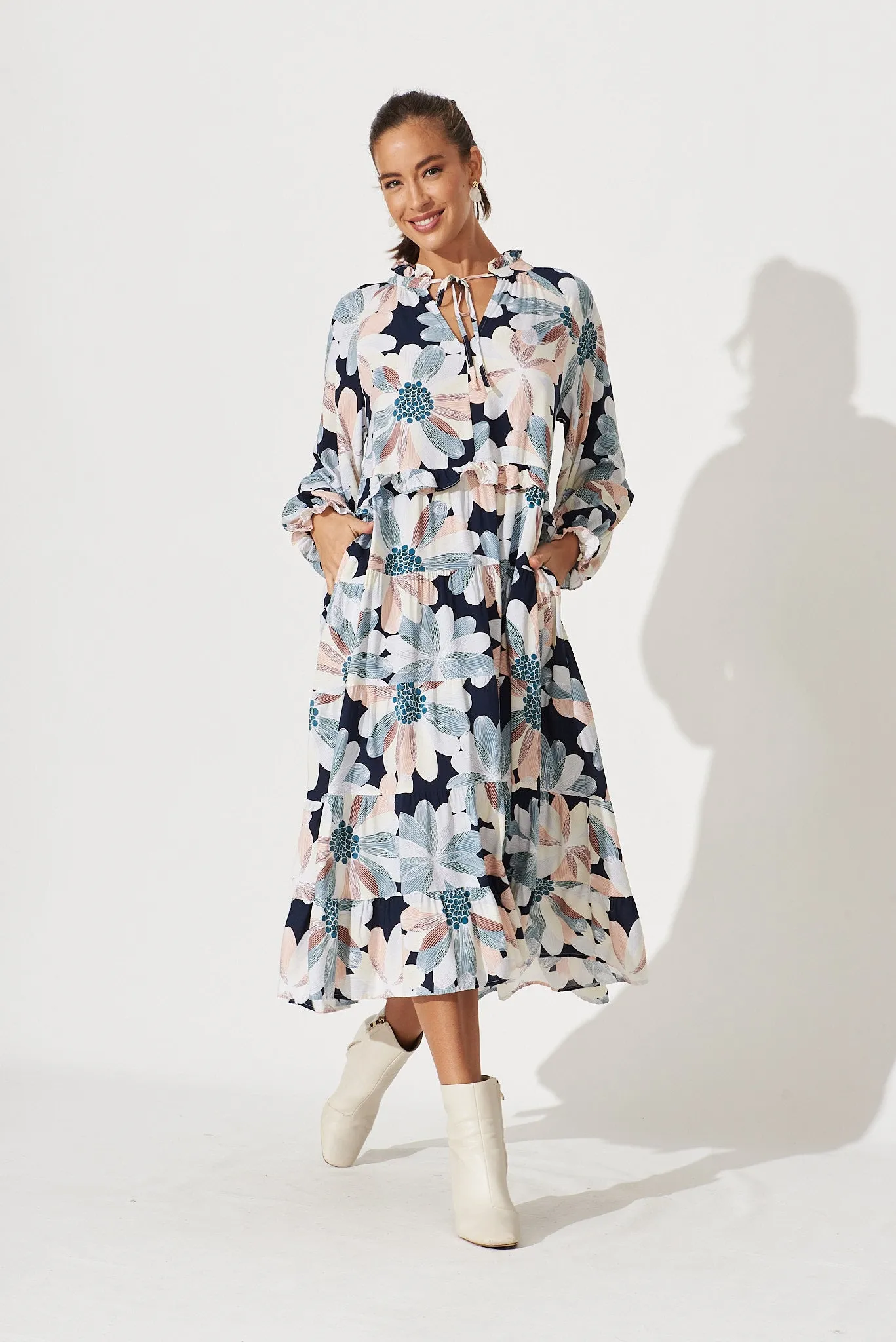 Mapleton Midi Smock Dress In Navy With Brown Floral sold by St Frock