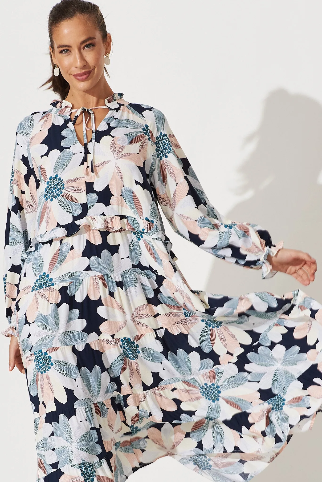 Mapleton Midi Smock Dress In Navy With Brown Floral sold by St Frock product image thumbnail 2