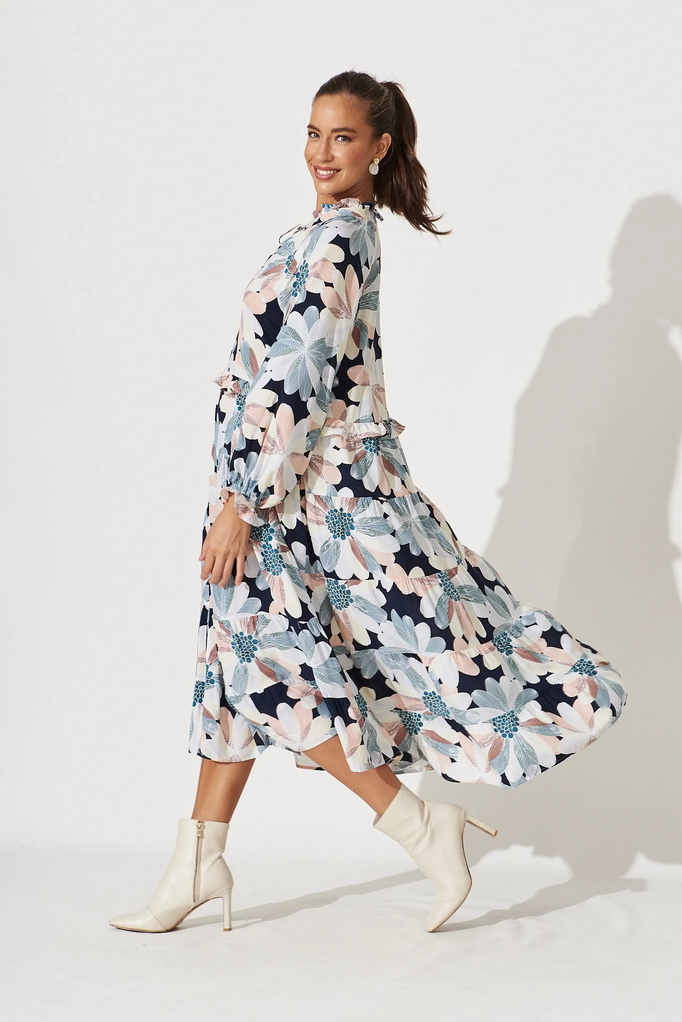Mapleton Midi Smock Dress In Navy With Brown Floral sold by St Frock product image thumbnail 3