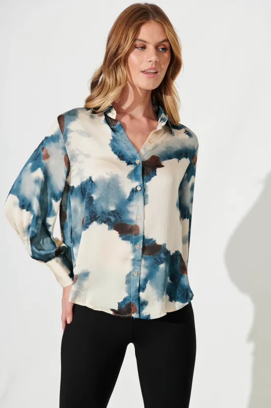 Hinami Shirt In Teal With Chocolate Watercolour Chiffon sold by St Frock