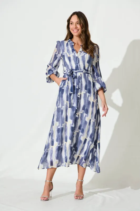 Lorie Maxi Shirt Dress In Blue Multi Brushstroke Print Cotton Blend sold by St Frock